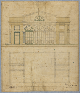215044 Opstand en plattegrond van het gebouw bij de zweminrichting aan de Kruisvaart te Utrecht.